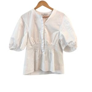 Tibi Womens Top Size 6 White‎ Puff Sleeve Smocked Waist Peplum Blouse Capsule